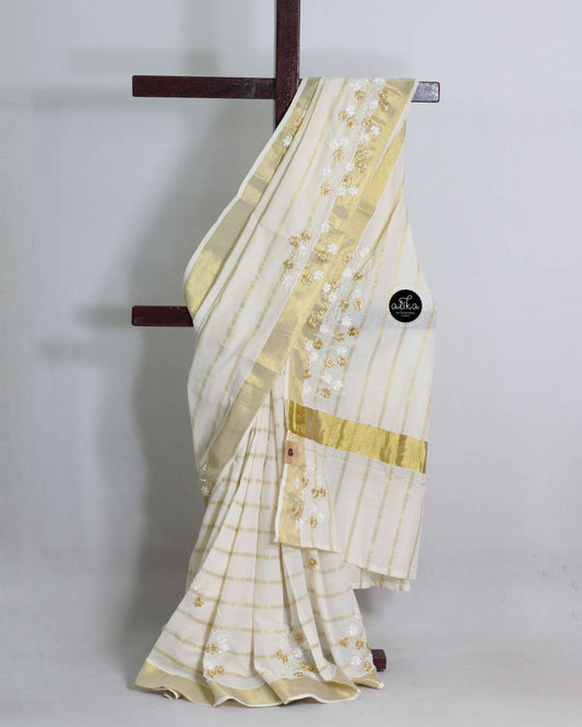 Kasavu Saree with Floral Ribbon Embroidery