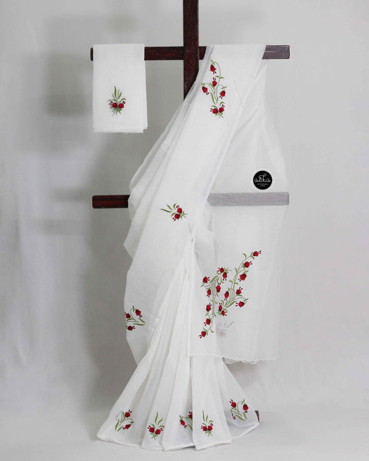 White Kota Saree with Red Floral Machine Embroidery