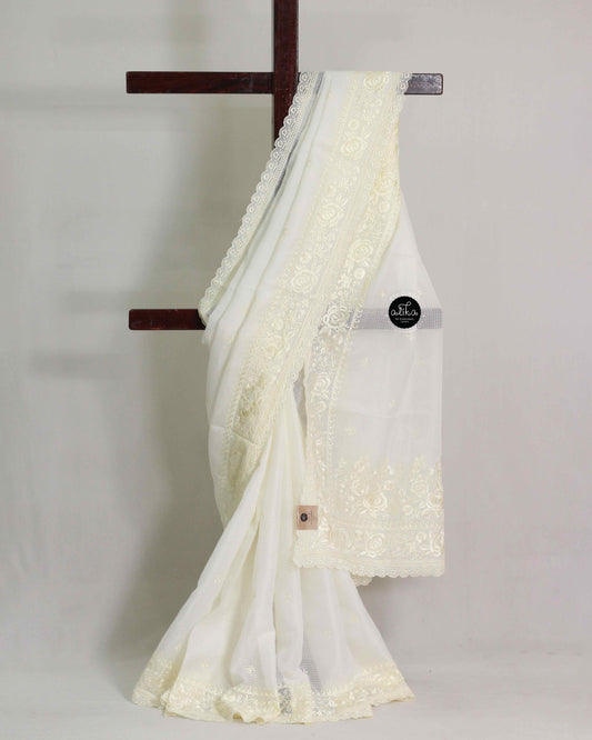 Off White Kota Saree with Floral Machine Embroidery