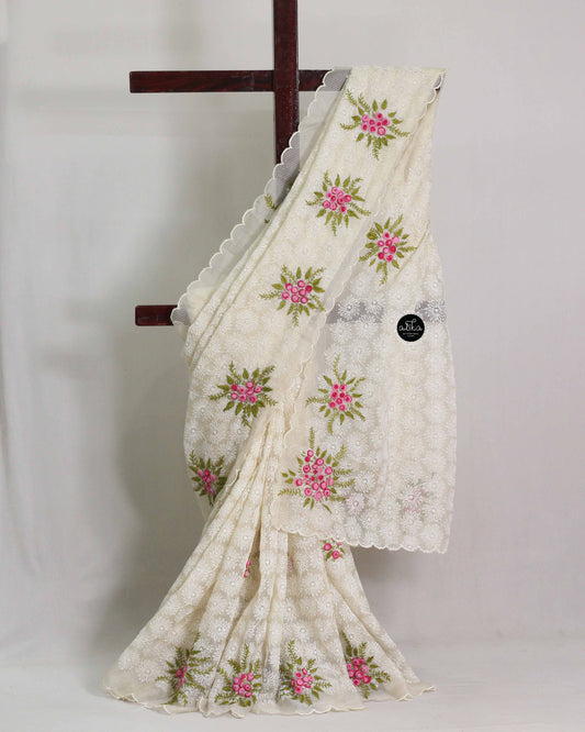 Cream Phulkari Saree with Floral Hand Embroidery
