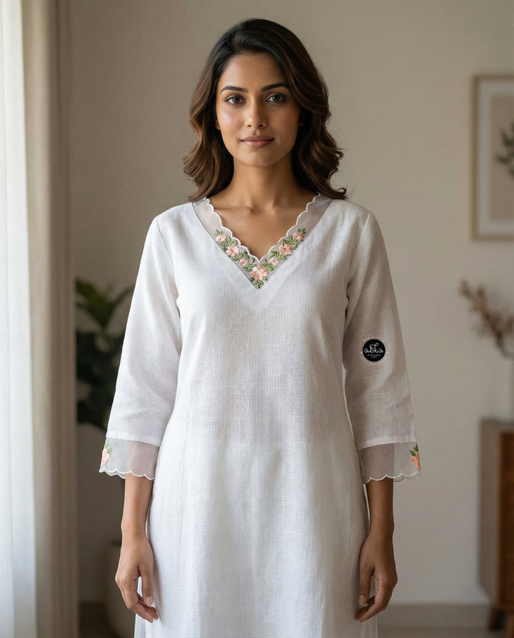 White Stitched Kurti with Floral Embroidery on Neckline &amp; Sleeves
