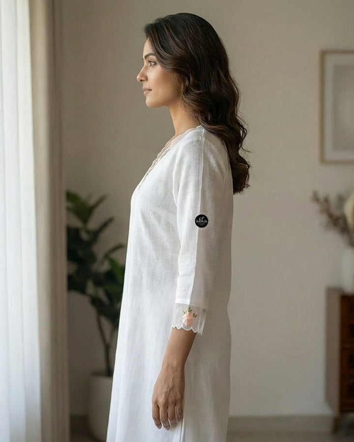 White Stitched Kurti with Floral Embroidery on Neckline &amp; Sleeves