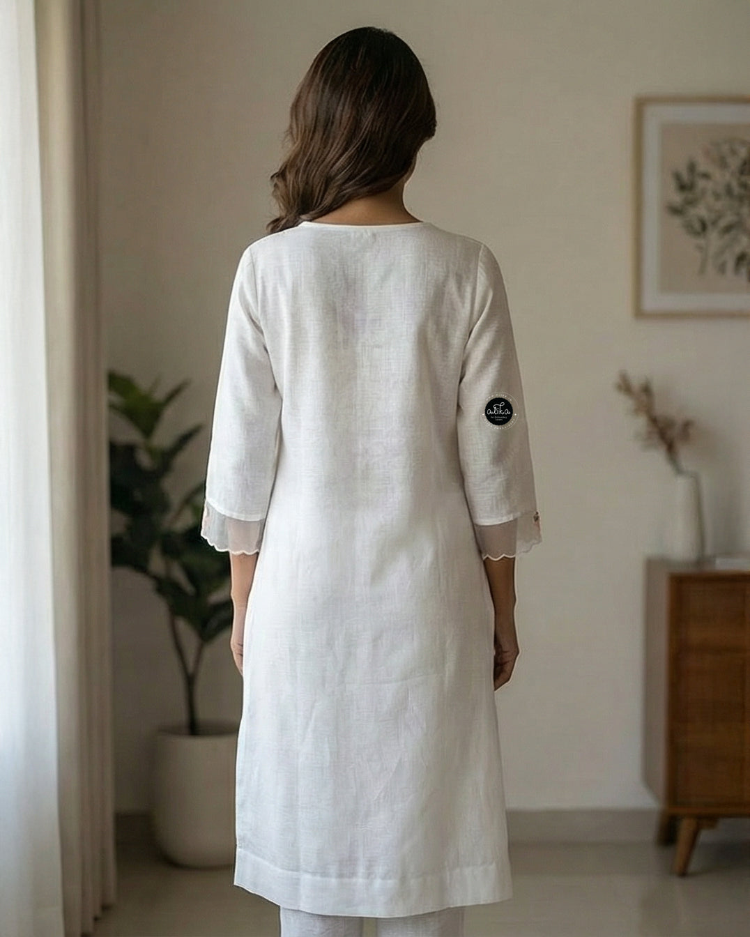 White Stitched Kurti with Floral Embroidery on Neckline &amp; Sleeves