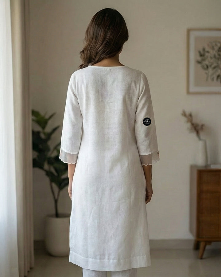 White Stitched Kurti with Floral Embroidery on Neckline &amp; Sleeves