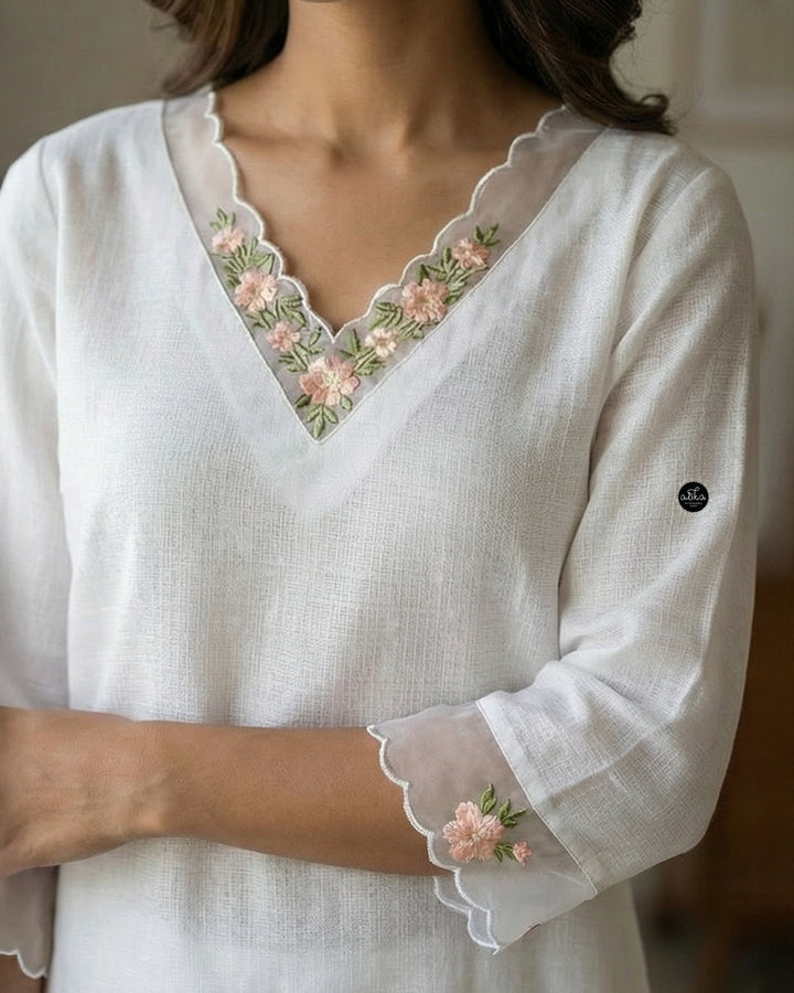 White Stitched Kurti with Floral Embroidery on Neckline &amp; Sleeves