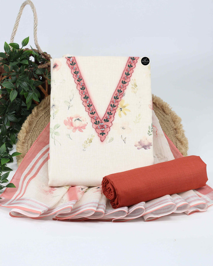 Off White Linen Unstitched Salwar Set with Floral Prints &amp;amp; Mirror Work