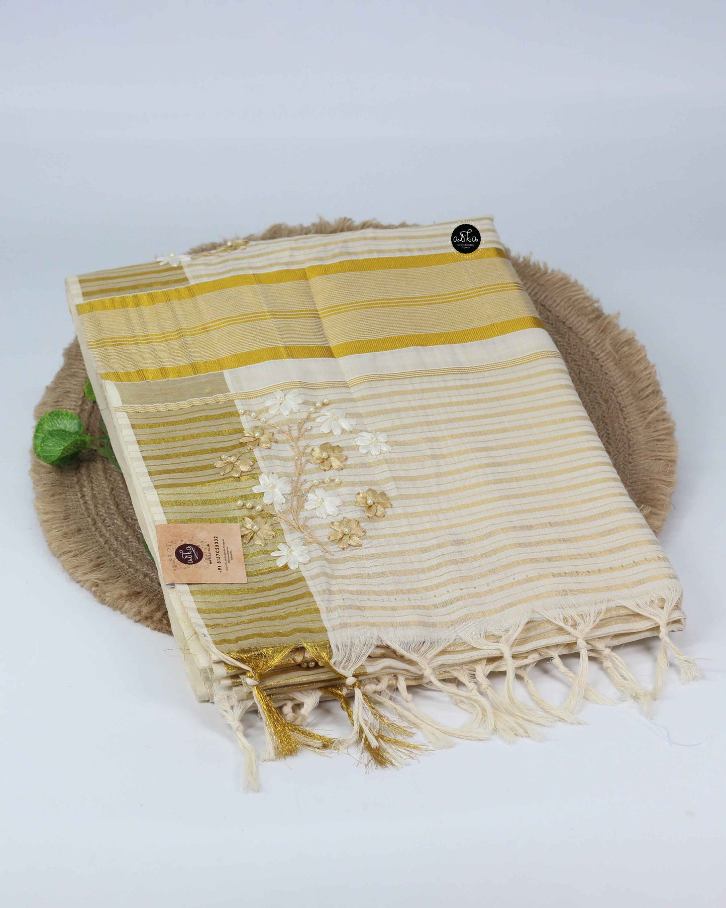 Kerala Kasavu Saree with Floral Ribbon Embroidery