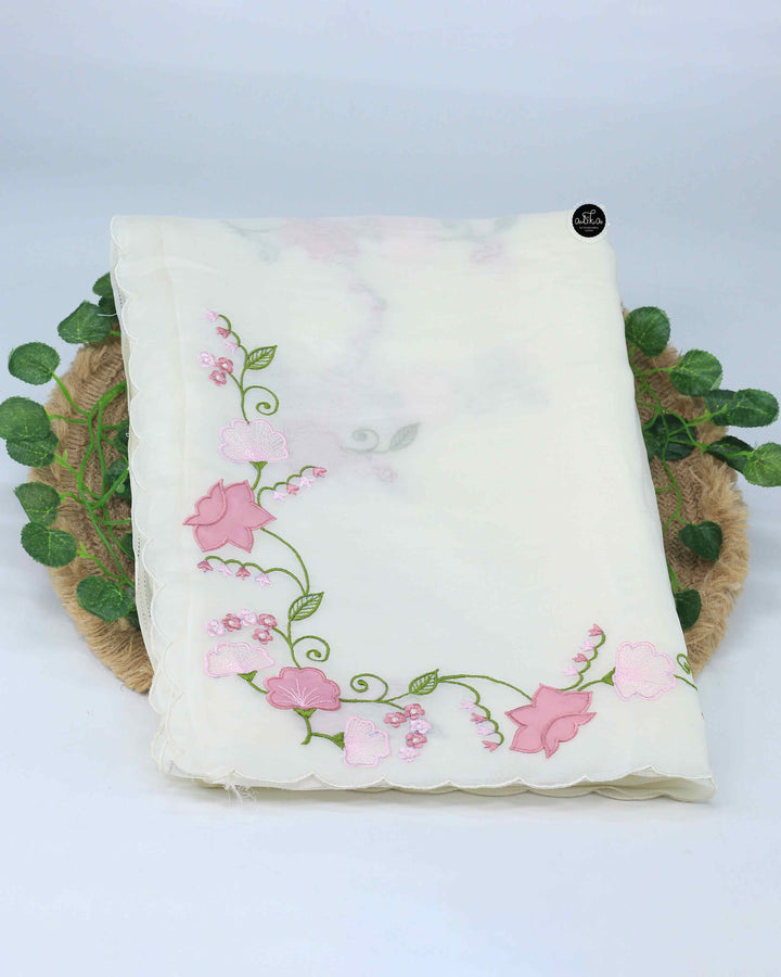 Off-White Organza Saree with Floral Applique Work