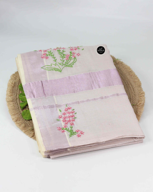 Lavender Tinted Kerala Saree with Floral Lazy Daisy Embroidery and Bead Work