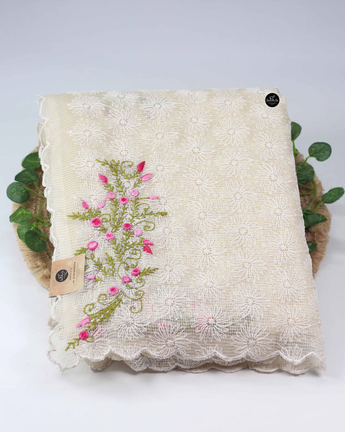 Cream Phulkari Saree with Floral Hand Embroidery