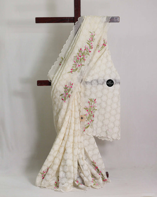 Cream Phulkari Saree with Floral Hand Embroidery