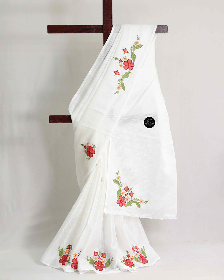 White Silky Kota Saree with Red Floral Applique Work