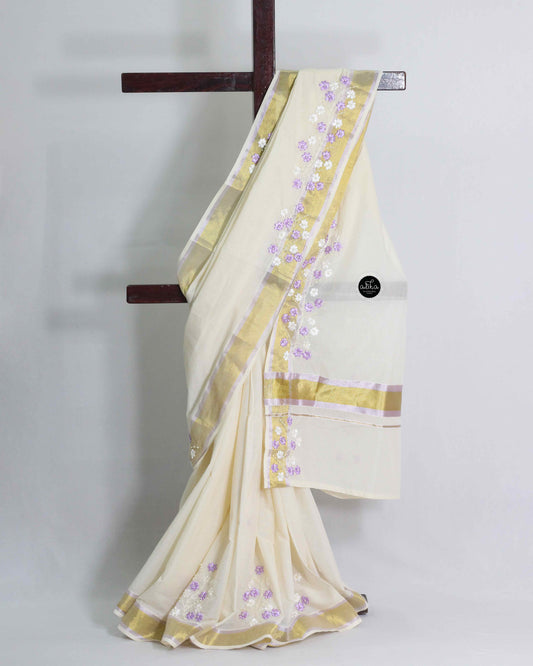 Kerala Kasavu Saree with Lavender Ribbon Work