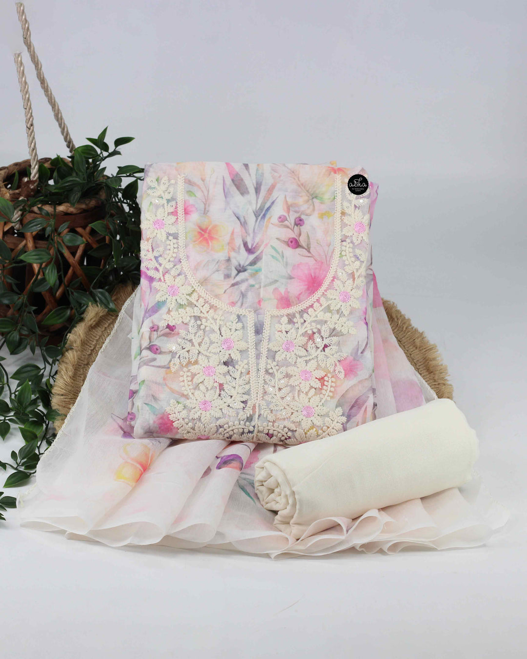 Off White chanderi Unstitched Salwar Suit with Chikankari Work