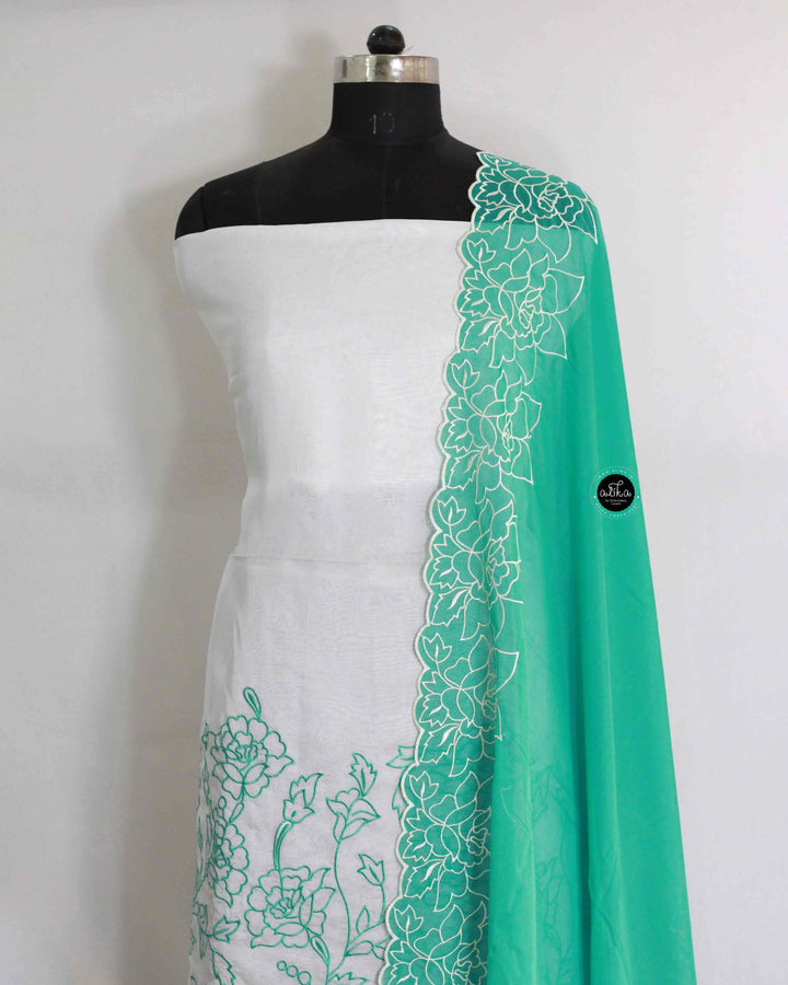 White Organza Salwar Set with Floral Machine Embroidery