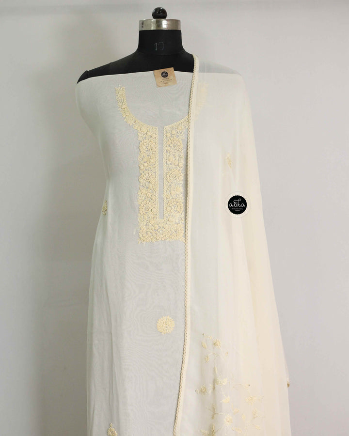 Cream Georgette Unstitched Salwar Set with Floral Hand Embroidery