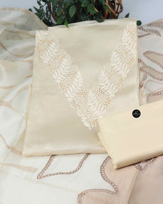 Cream Floral Cutwork Semi Silk Unstitched Salwar Set with Machine Embroidery