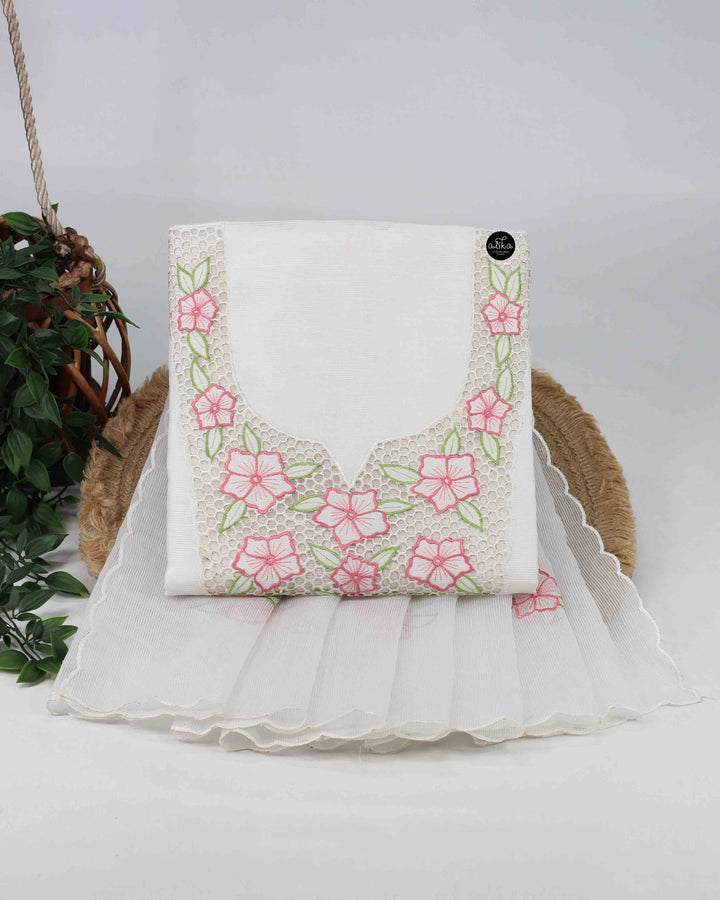 Off White Kota Unstitched Top &amp; Dupatta with Floral Cutwork Embroidery