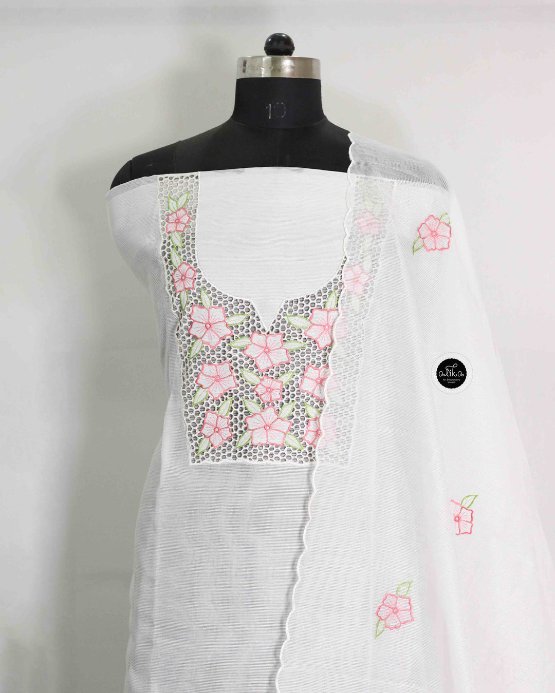 Off White Kota Unstitched Top &amp; Dupatta with Floral Cutwork Embroidery