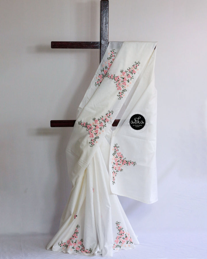White bagalpuri silk Saree with Bullion Work