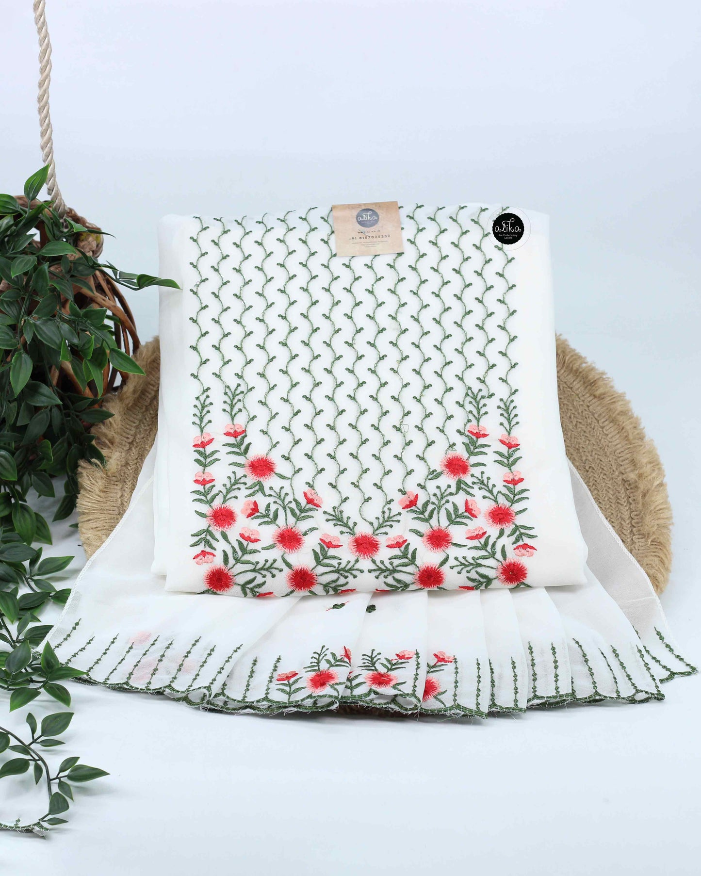 White Georgette Unstitched Salwar Set with Floral Embroidery & Sequin Work