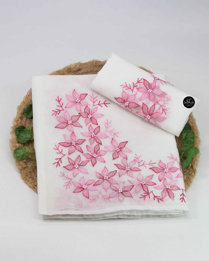 White Kota Saree with Floral Shadow Work &amp; Bead Embellishments