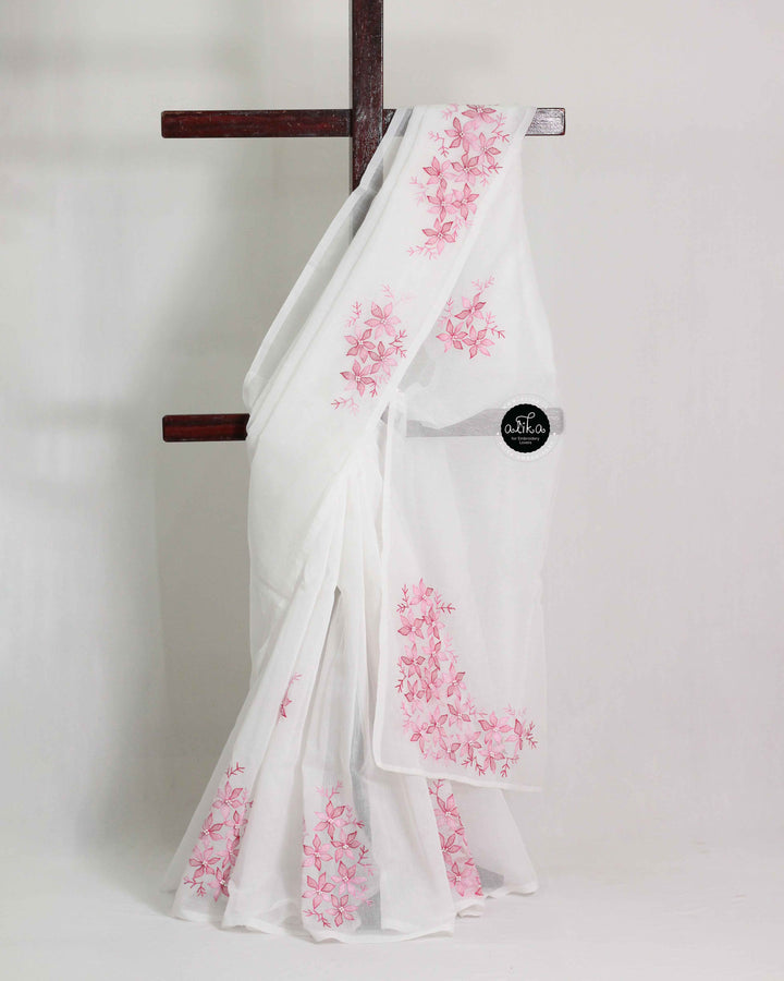 White Kota Saree with Floral Shadow Work &amp; Bead Embellishments