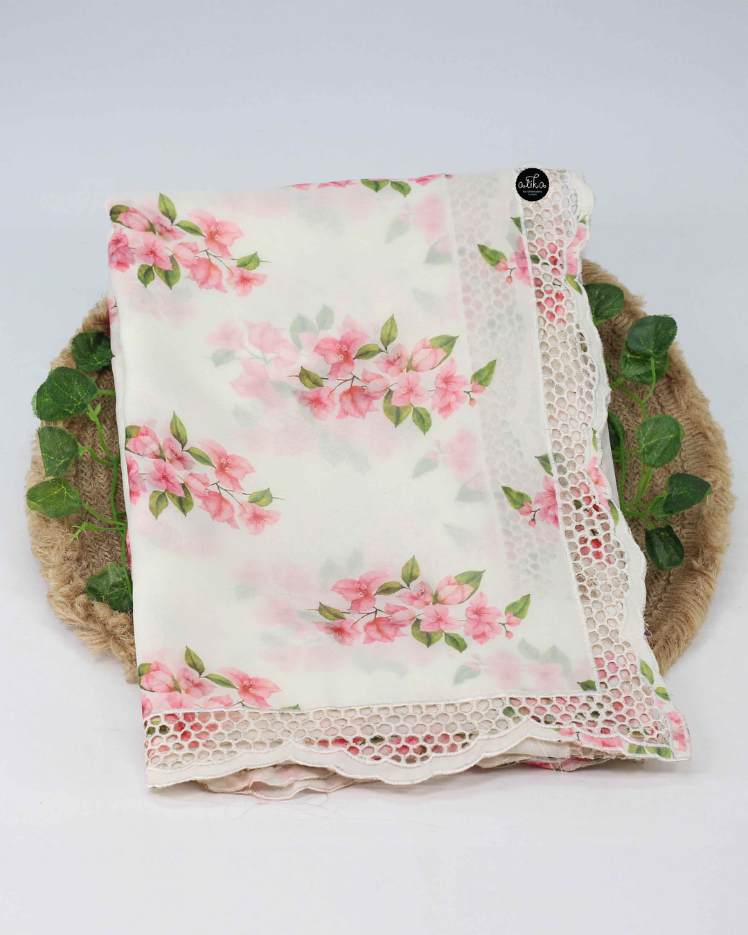 Off White Viscose Organza Saree with Bougainvillea Prints and Cutwork Border