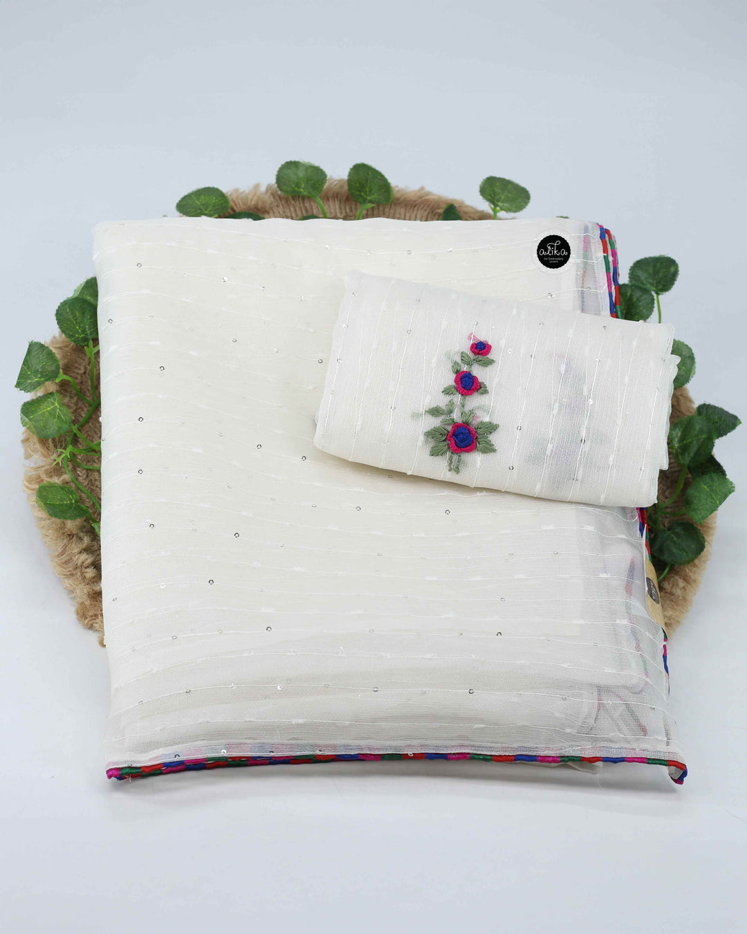 White Sequinned Organza Saree with Floral Hand Embroidery