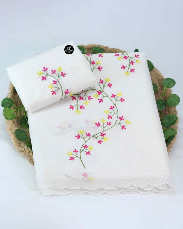 White Kota Saree with Floral Machine Embroidery
