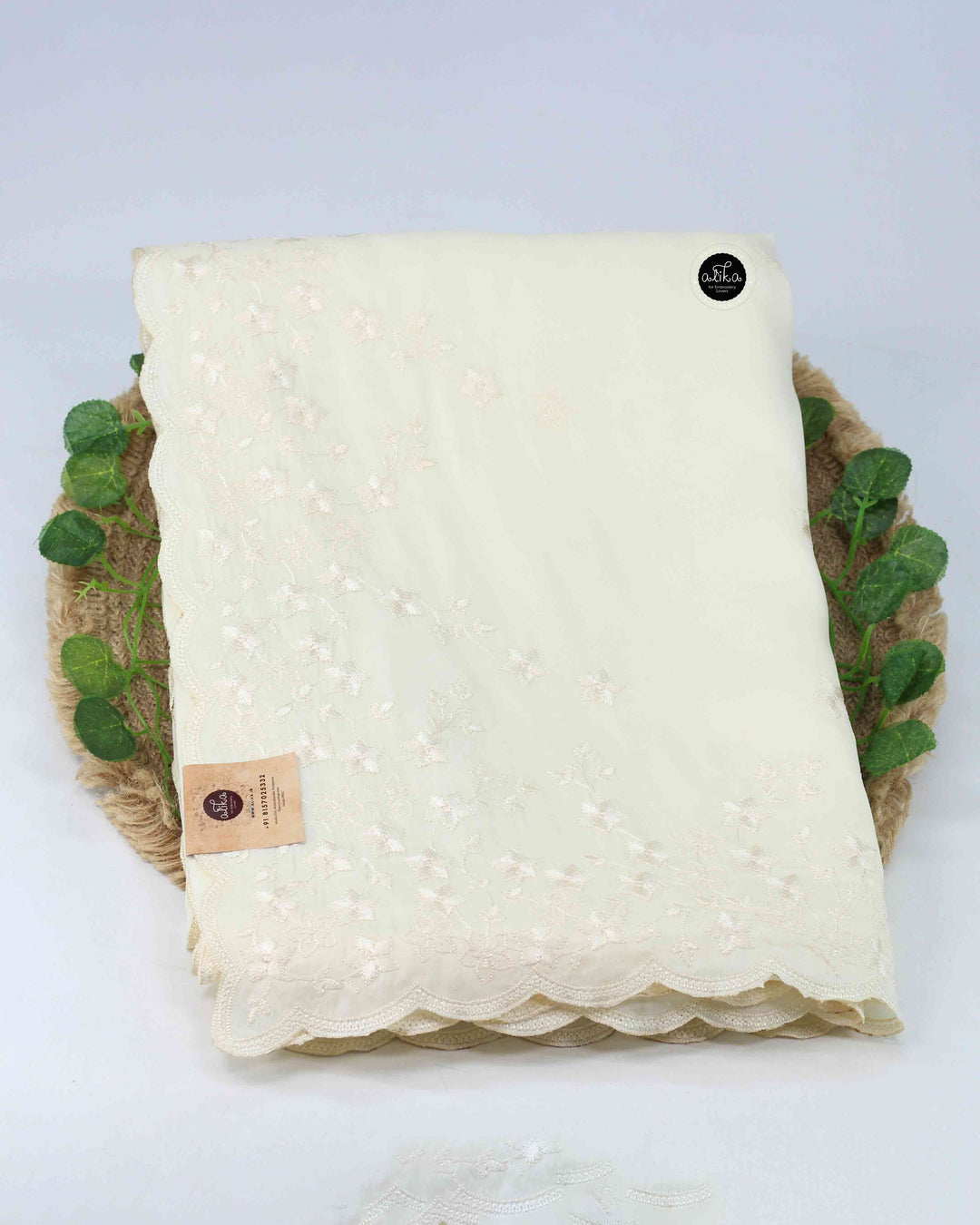 Off White Semi Silk Saree with Floral Machine Embroidery