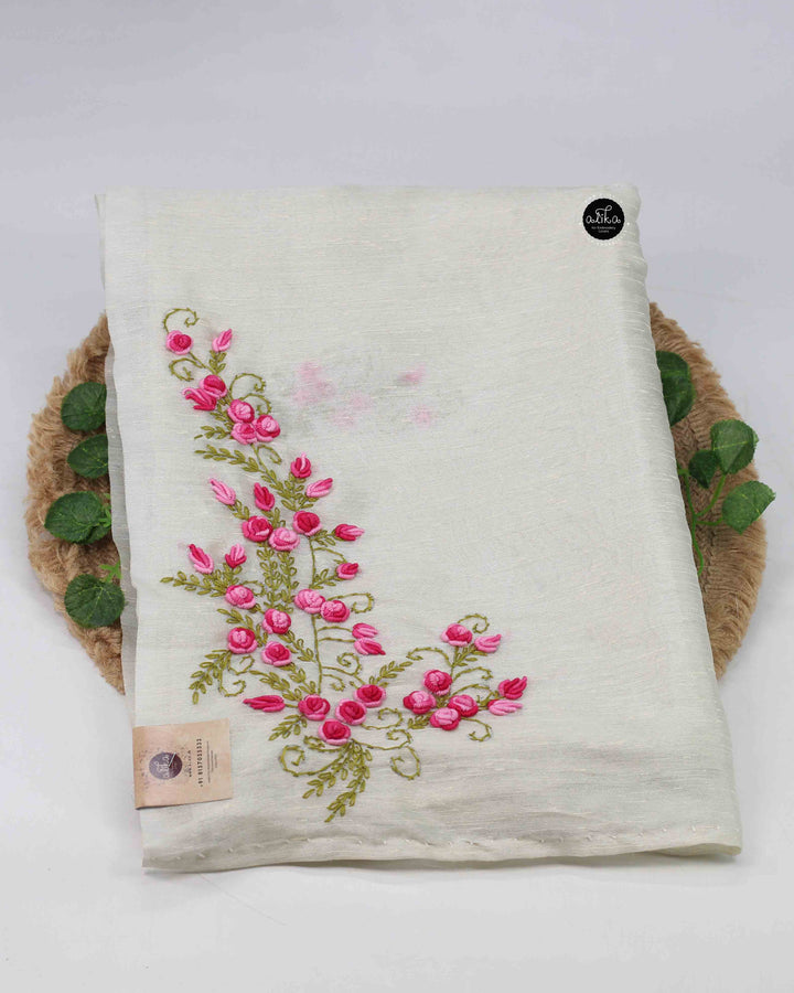 Cream Semi Silk Saree with Floral Hand Embroidery