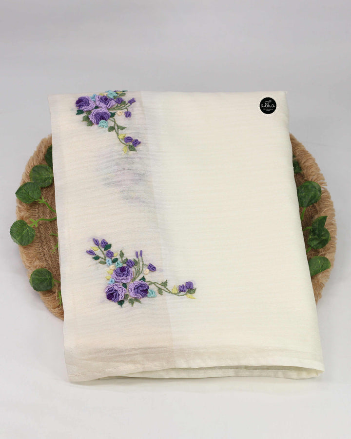 Cream Semi Silk Saree with Floral Hand Embroidery