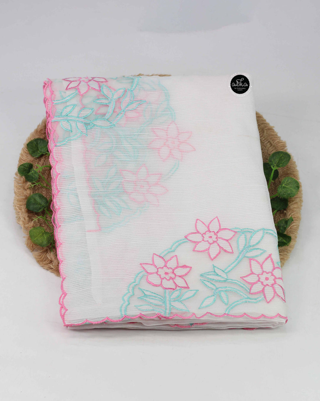 White Kota Saree with Floral Organza Appliqué Work