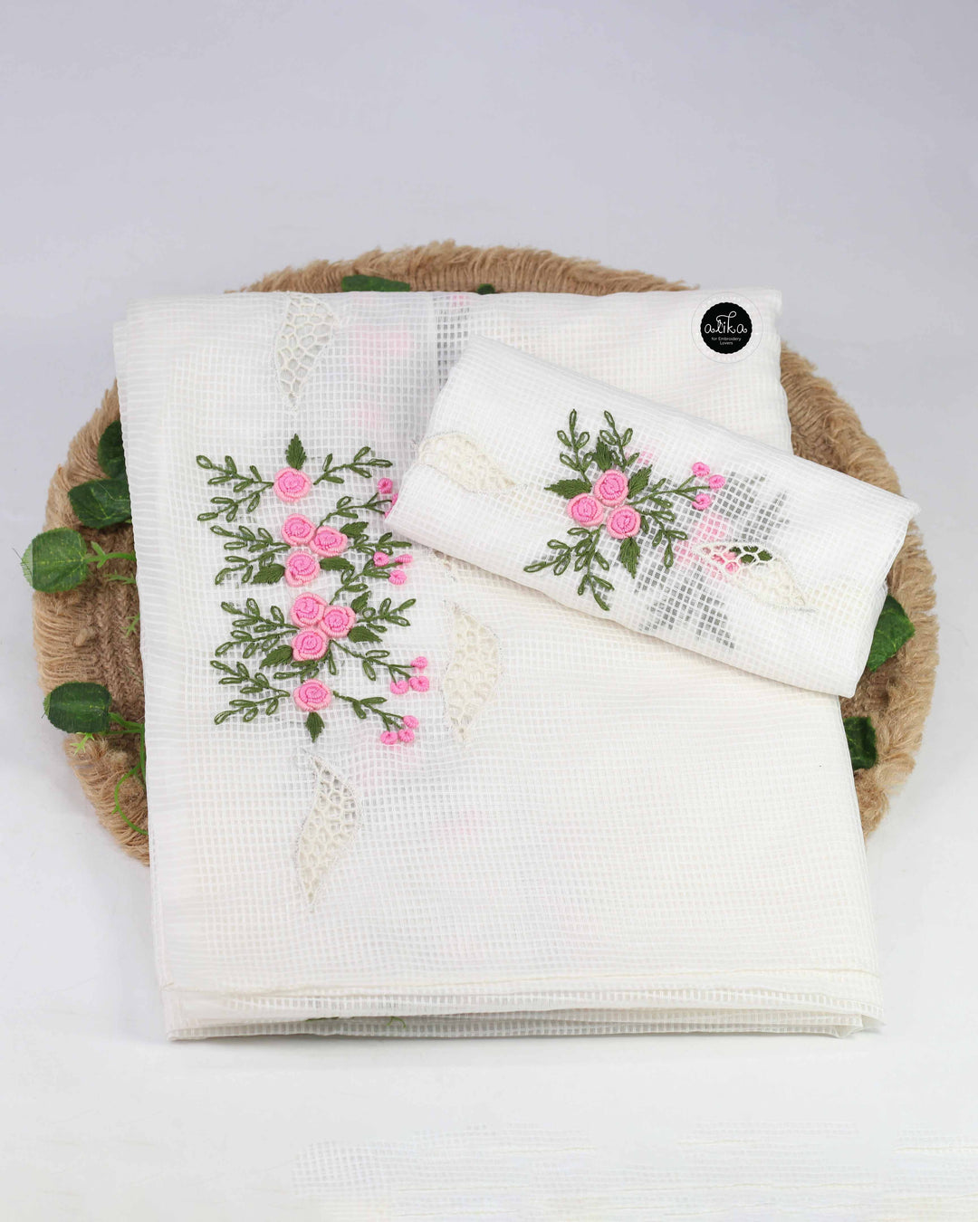 Pure White Bhagalpuri Silk Saree with Floral Hand Embroidery &amp;Cutwork