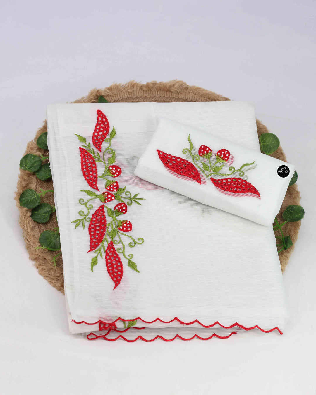 White Kota Saree with Floral Machine Embroidery &amp; Cutwork