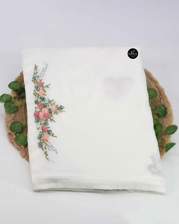 White Bagalpuri Silk Saree with Floral Hand Embroidery