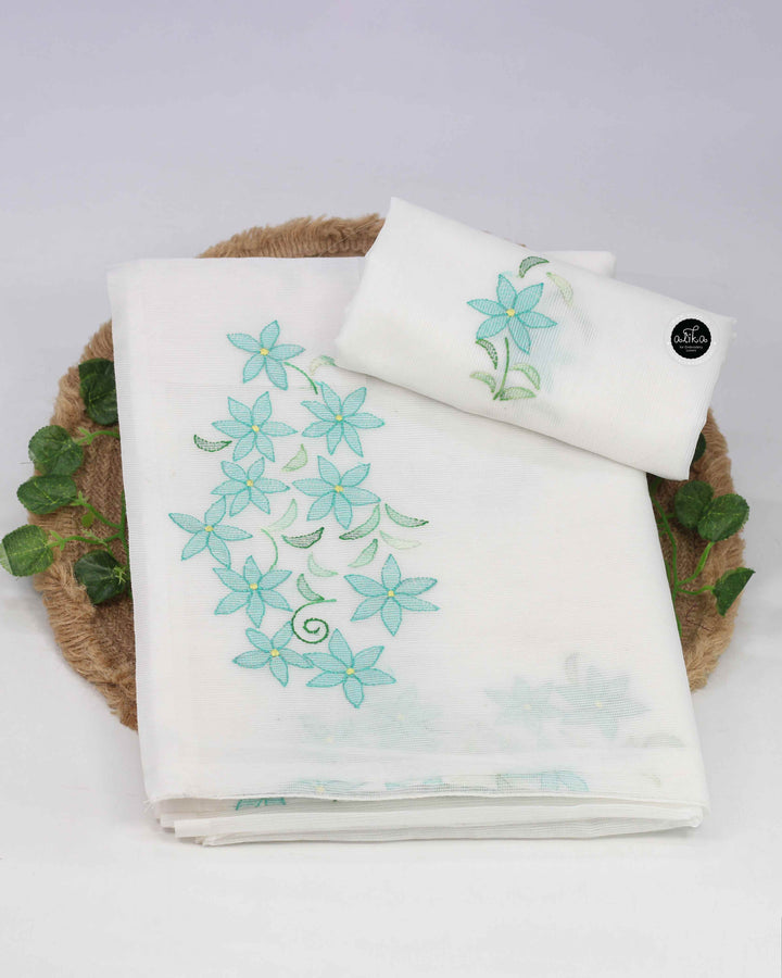 White Kota Saree with Floral Shadow Work