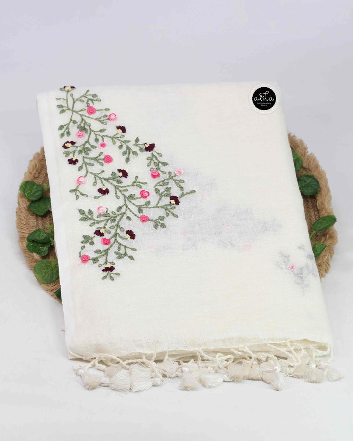 Off White Pure Linen Saree with Floral Hand Embroidery