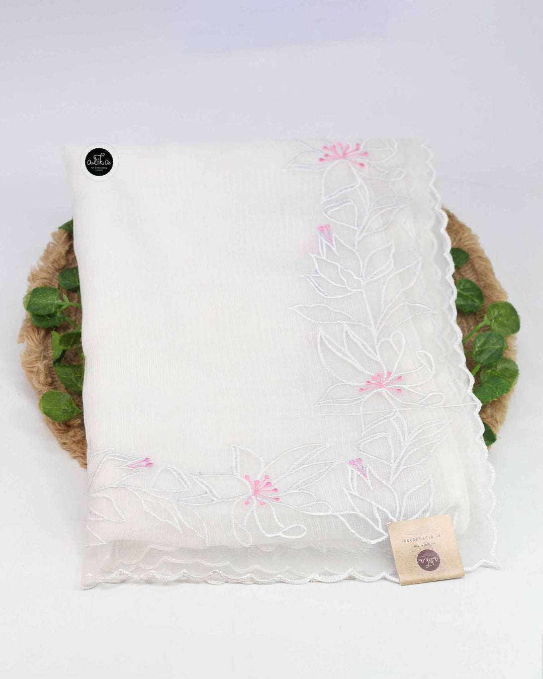 White Silky Kota Saree with Floral Appliqué Border