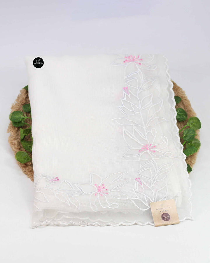 White Silky Kota Saree with Floral Appliqué Border