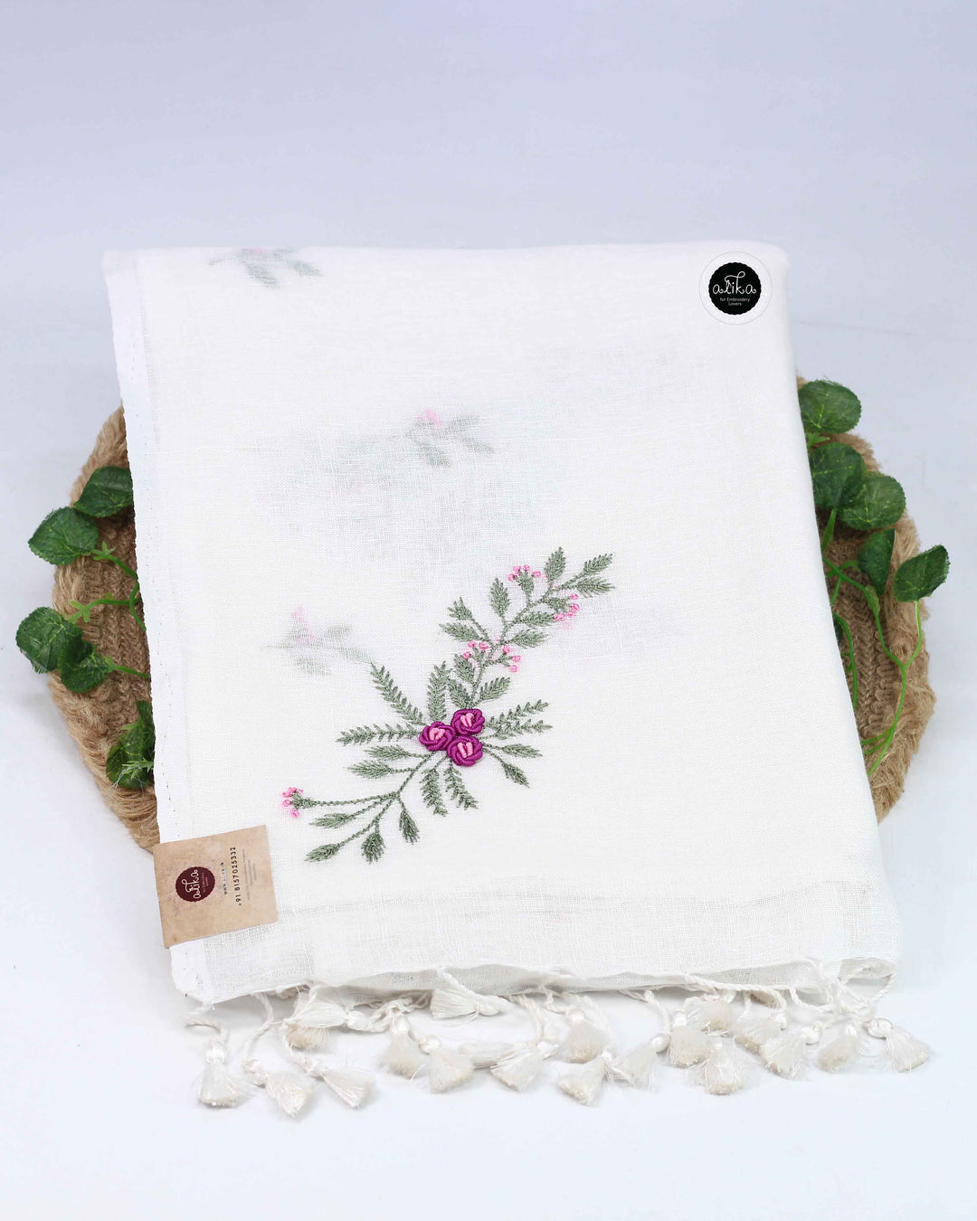 White Pure Linen Saree with Floral Embroidery