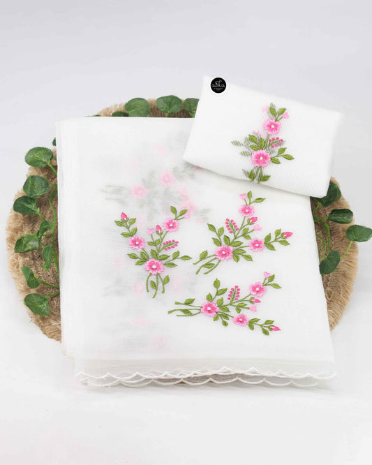 White Kota Doria Saree with Floral Machine Embroidery – Lightweight & Elegant