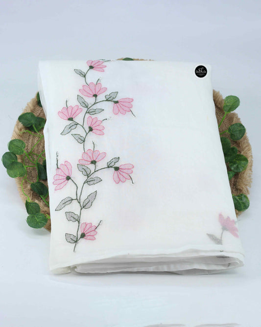 White Stiff Cotton Saree with Floral Shadow Work – Elegant Wear