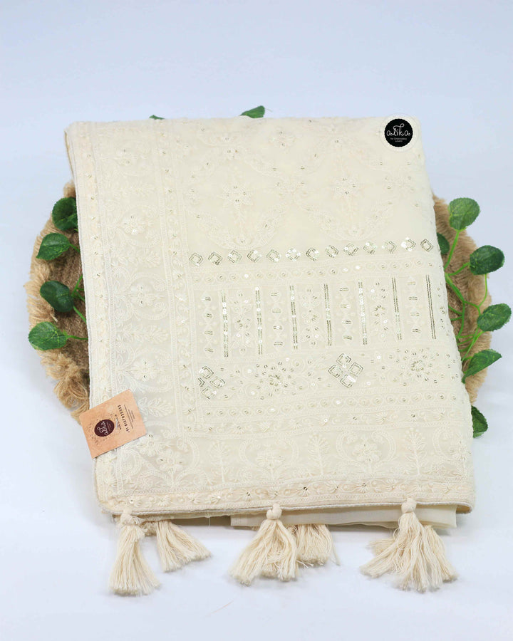 Cream Georgette Saree with Floral Machine Embroidery and Sequin Work