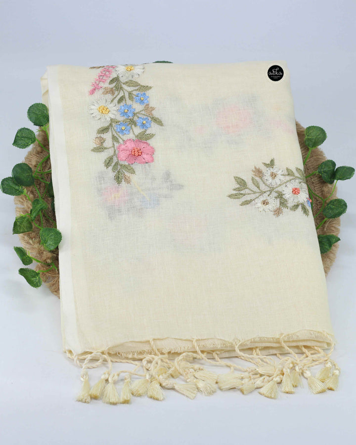 Cream Pure Linen Saree with Multicolour Floral Embroidery