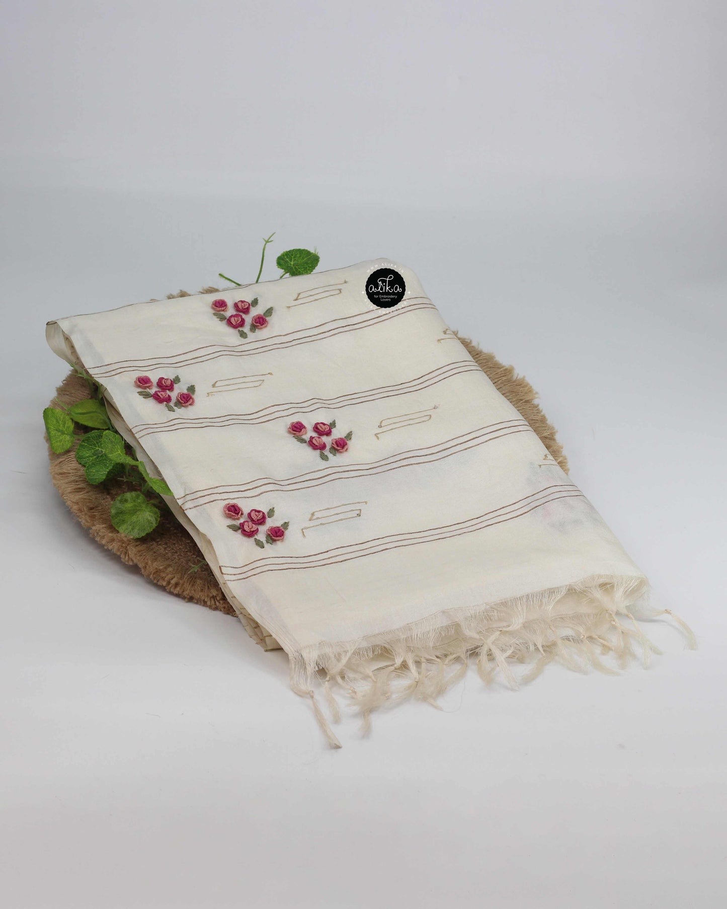 Off White Tussar Silk Saree with Multicolor Floral Hand Embroidery – Alika Fashion Store