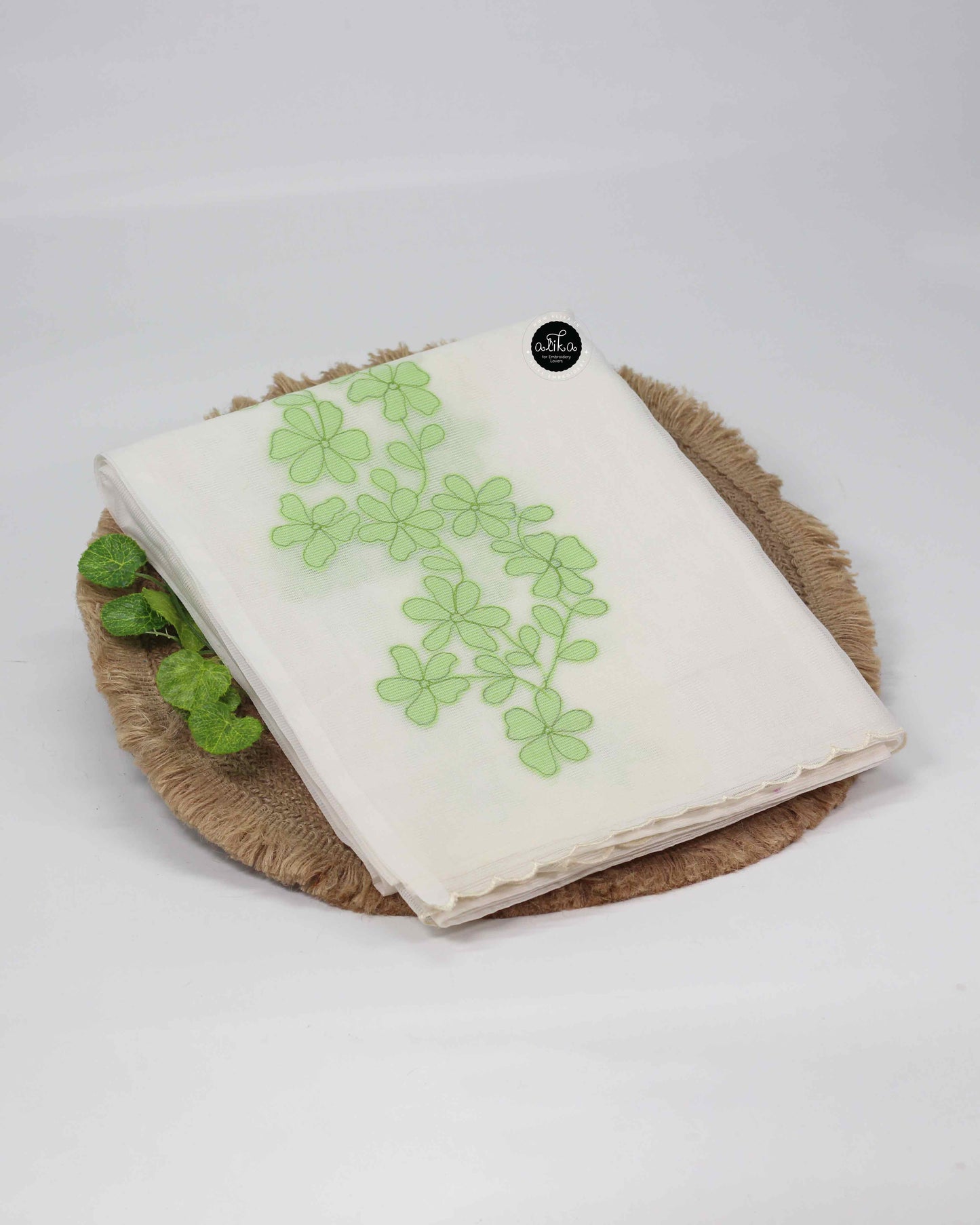 White Kota Saree with Green Shadow Appliqué Work – Alika Fashion Store