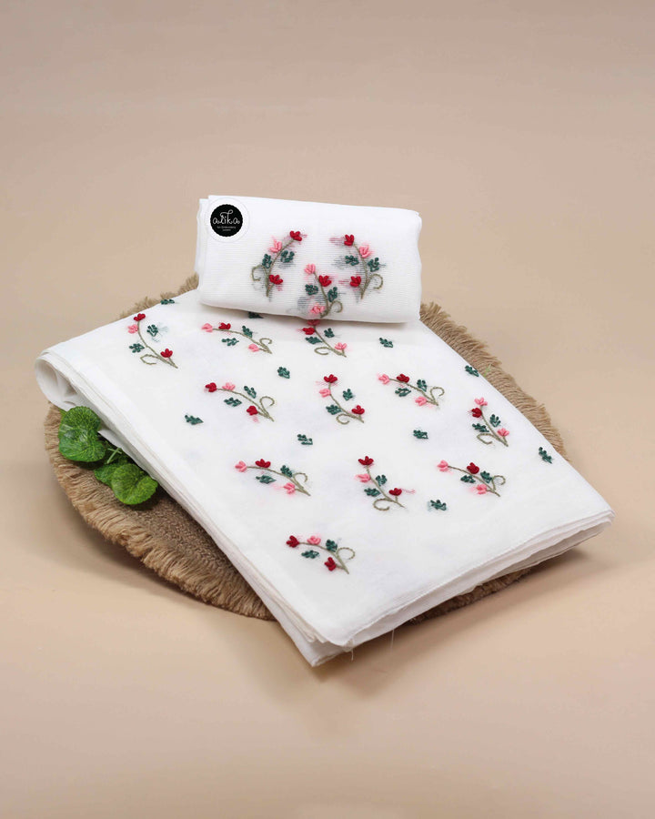 White silky kota Saree with mini bullion hand-embroidery