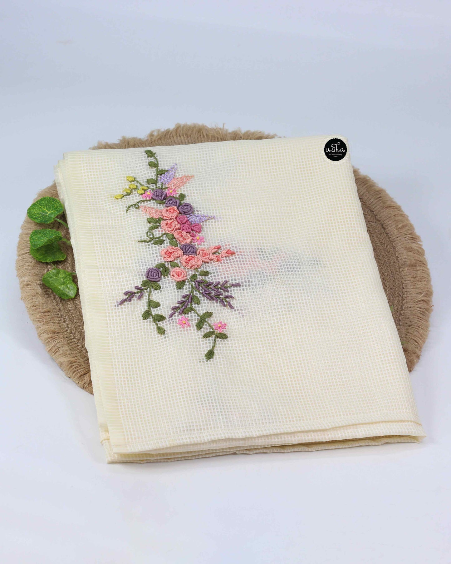 cream Bagalpuri silk saree with floral hand embroidery